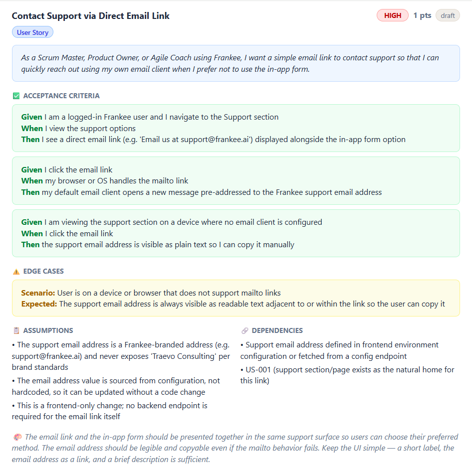 Frankee-generated user story with acceptance criteria, edge cases, assumptions and dependencies